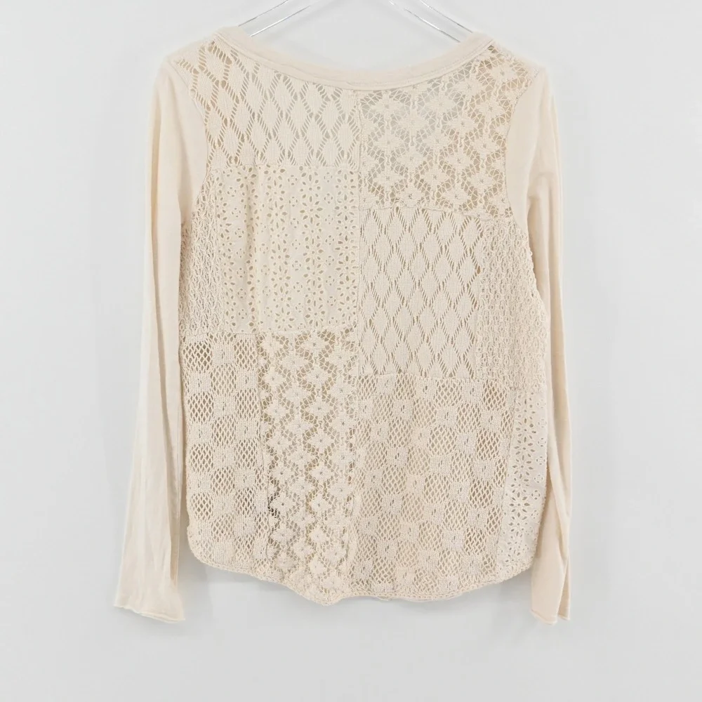Free People Patches of Lace Top Womens Size S Cream Patchwork Henley Boho Eyelet